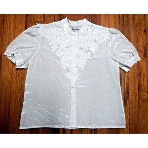 VTG 80s Blouse XL White LACE FRONT scalloped collar balloon sleeves shiny dressy
